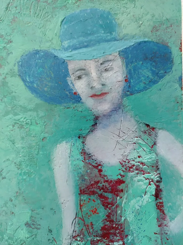 Natalie's textured portrait in turquoise, with a blue hat and touches of red