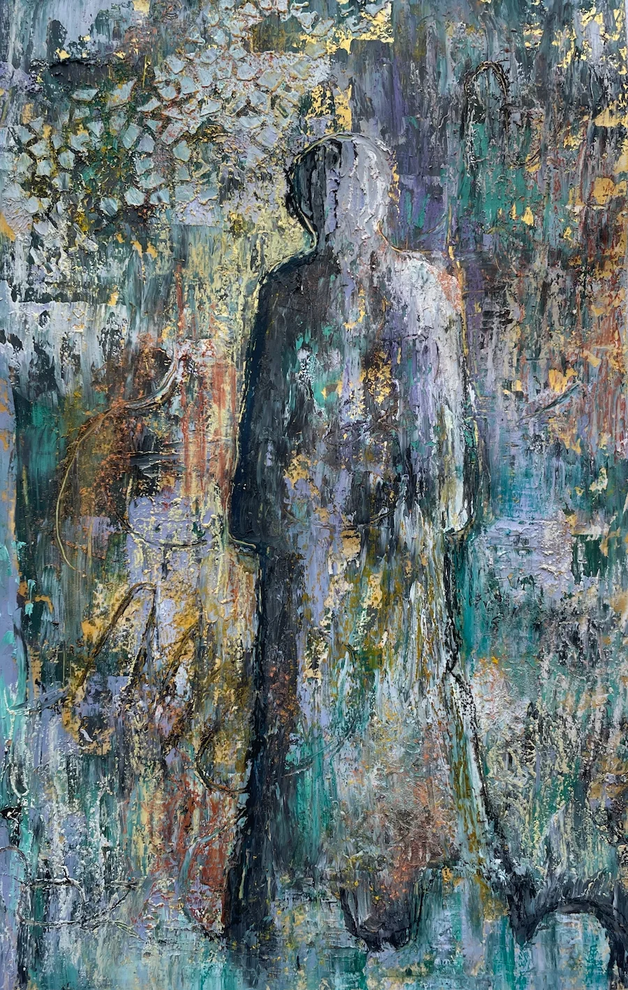 Nina's standing figure surrounded by blue-green, grey and gold textures